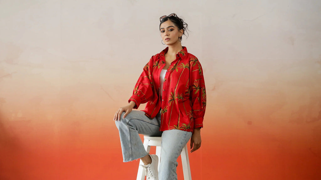 Red Flower Printed Top for Women - SanskrutiHomes 