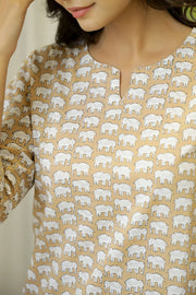 Brown Cotton Elephant Print Night Suit Set with Payjama - SanskrutiHomes 