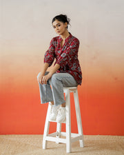 Red Flower Printed V-Neck Top - SanskrutiHomes 