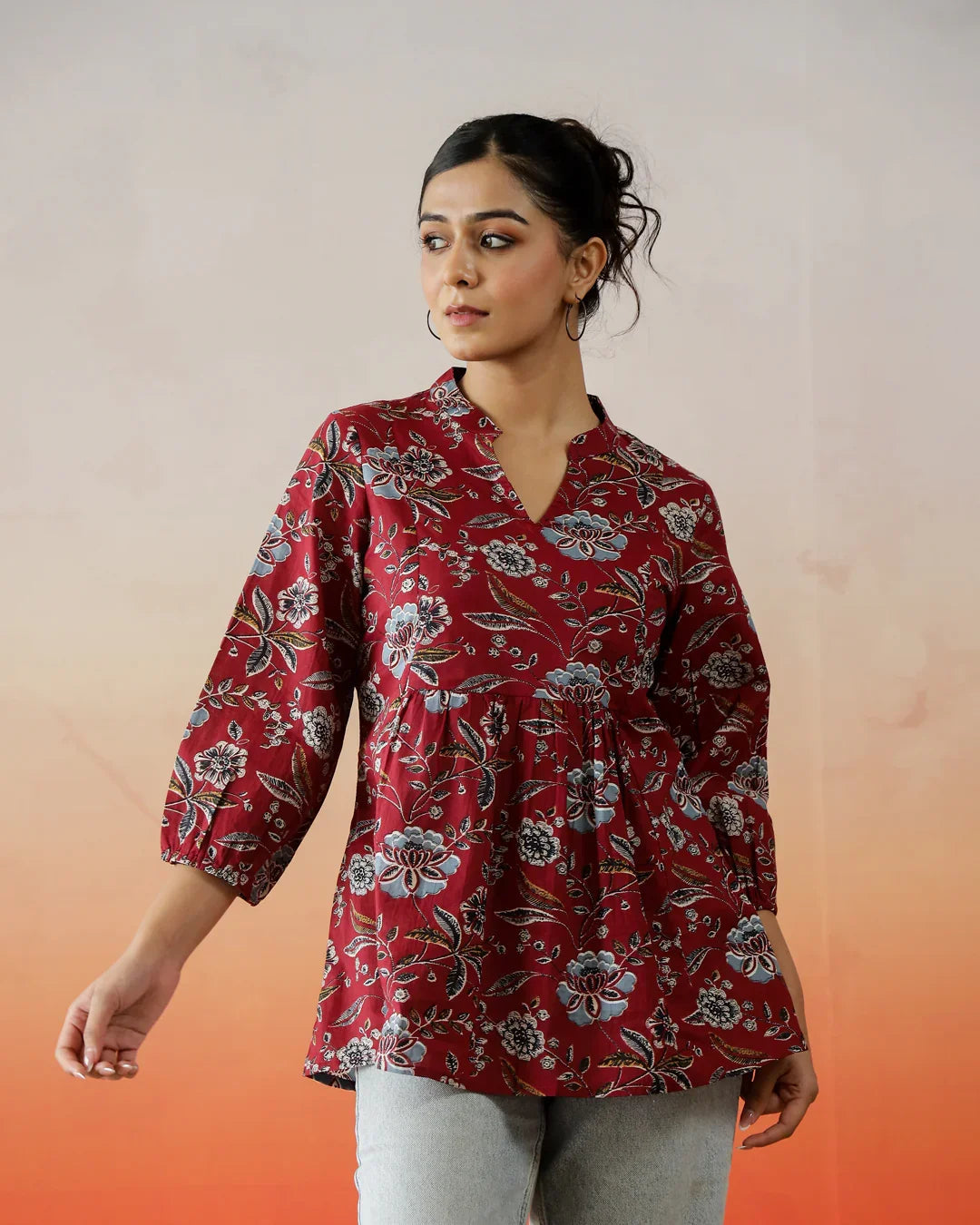 Red Flower Printed V-Neck Top - SanskrutiHomes 