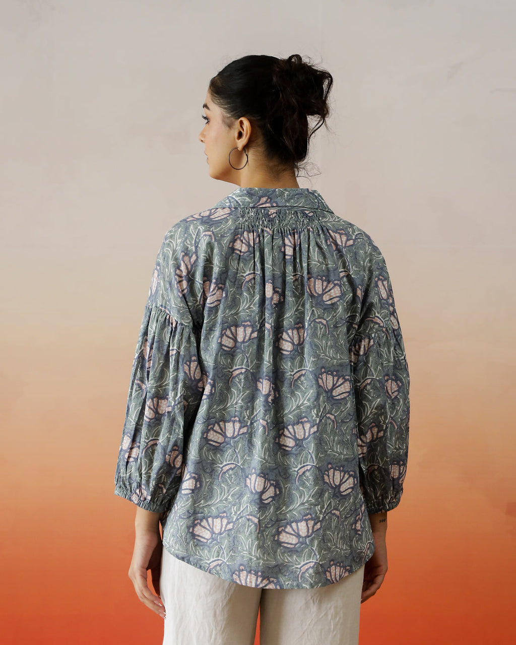 Printed Cotton Top With Shirt Collar - SanskrutiHomes 