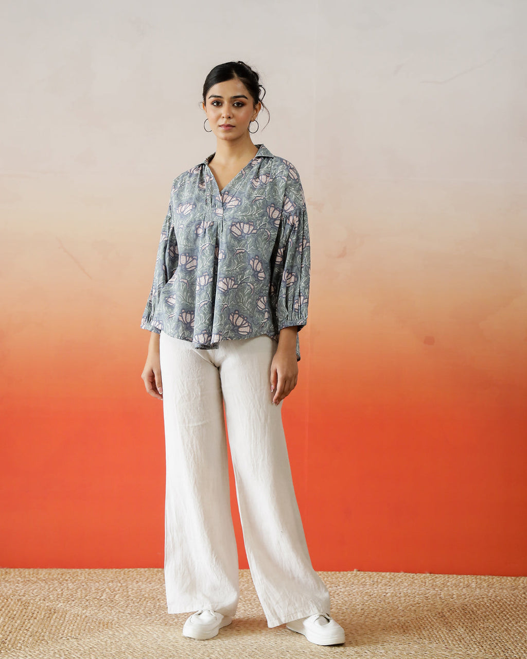 Printed Cotton Top With Shirt Collar - SanskrutiHomes 