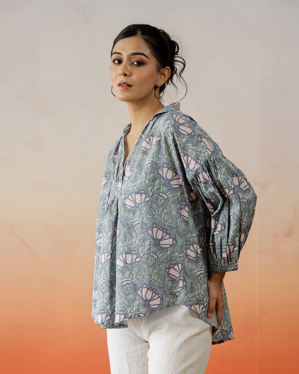 Printed Cotton Top With Shirt Collar - SanskrutiHomes 