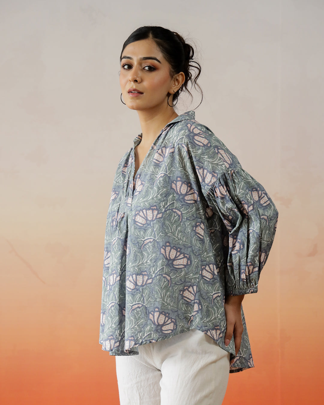 Printed Cotton Top With Shirt Collar - SanskrutiHomes 