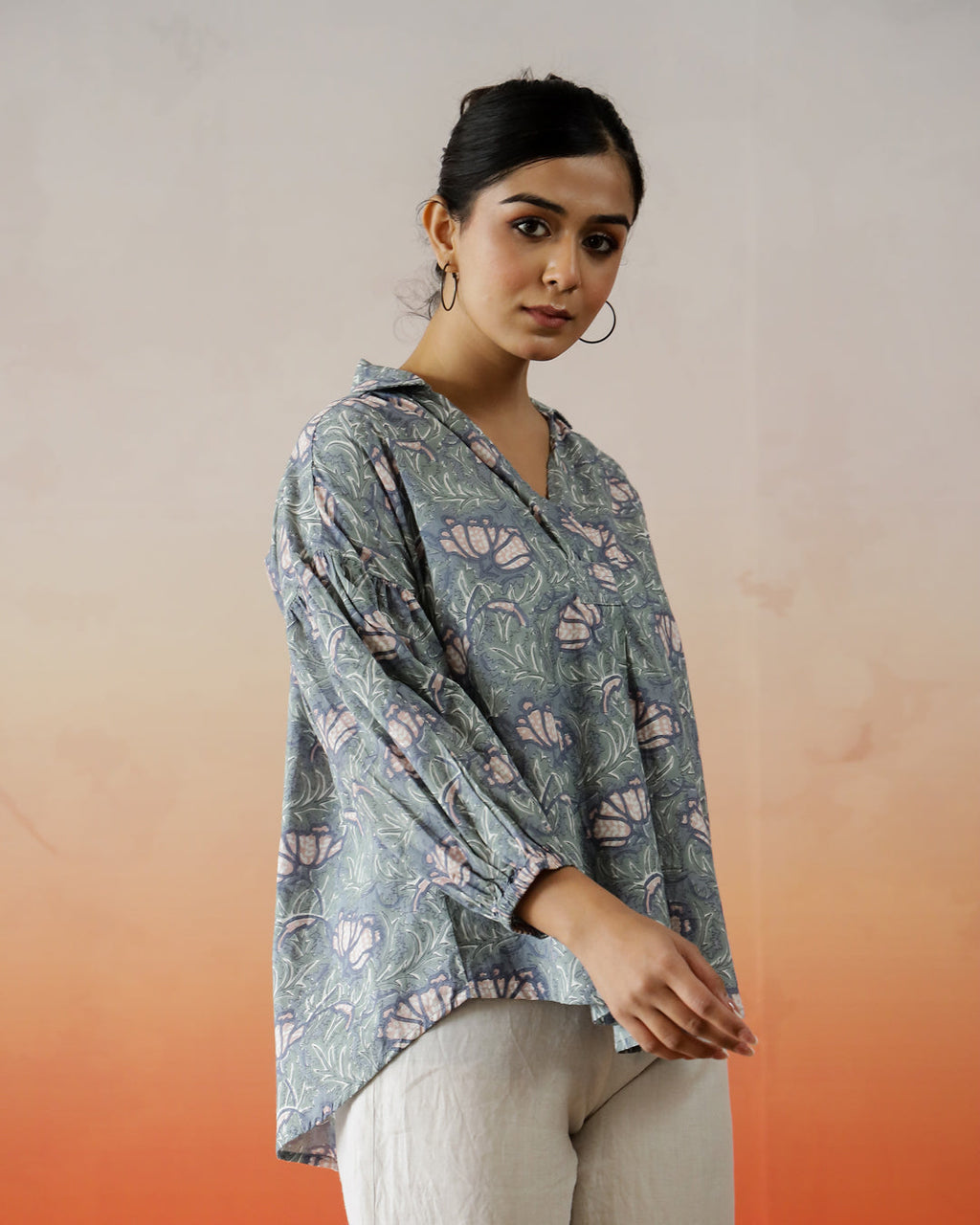 Printed Cotton Top With Shirt Collar - SanskrutiHomes 