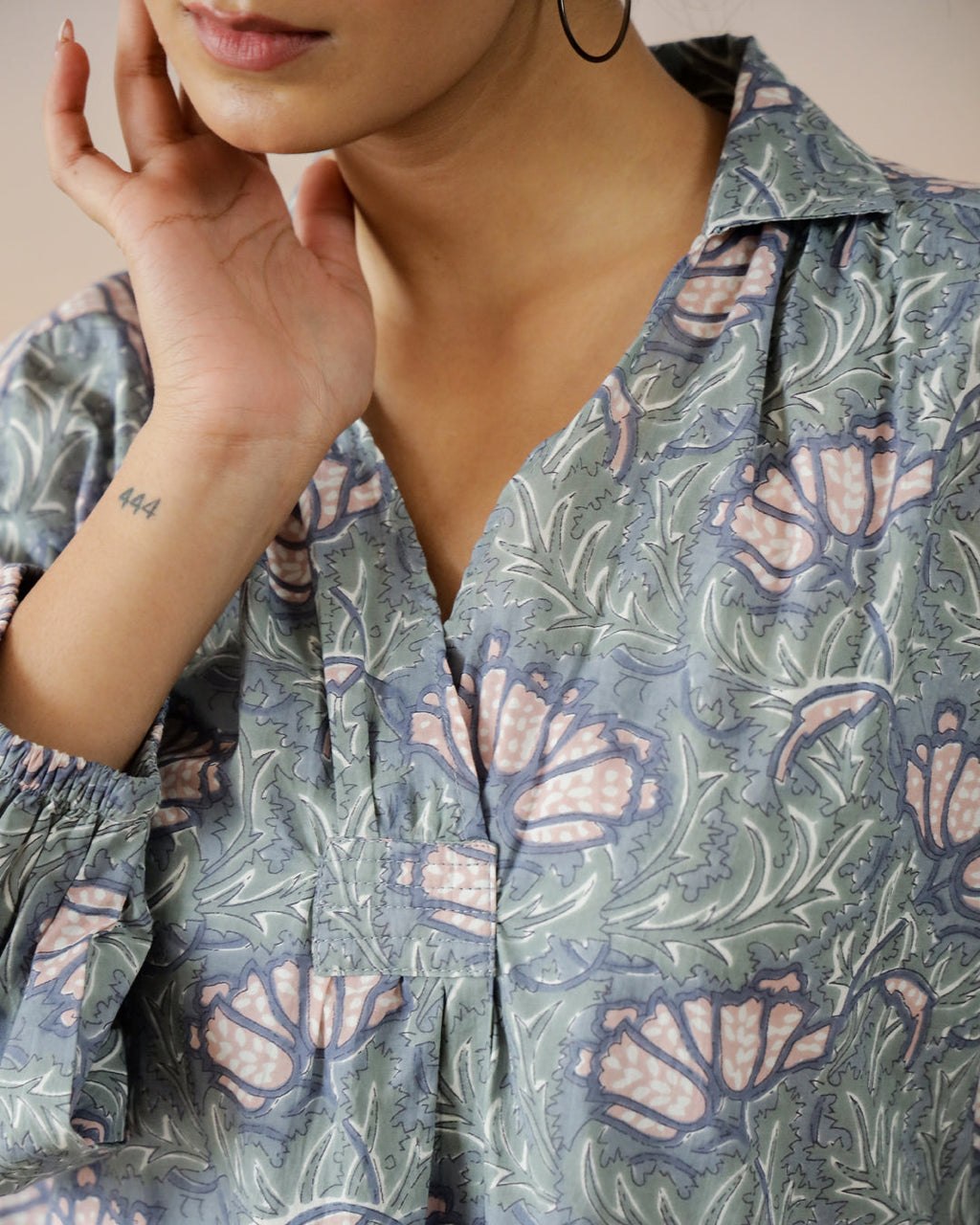 Printed Cotton Top With Shirt Collar - SanskrutiHomes 