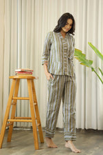 Women Olive Green & Blue Striped Night suit - SanskrutiHomes 