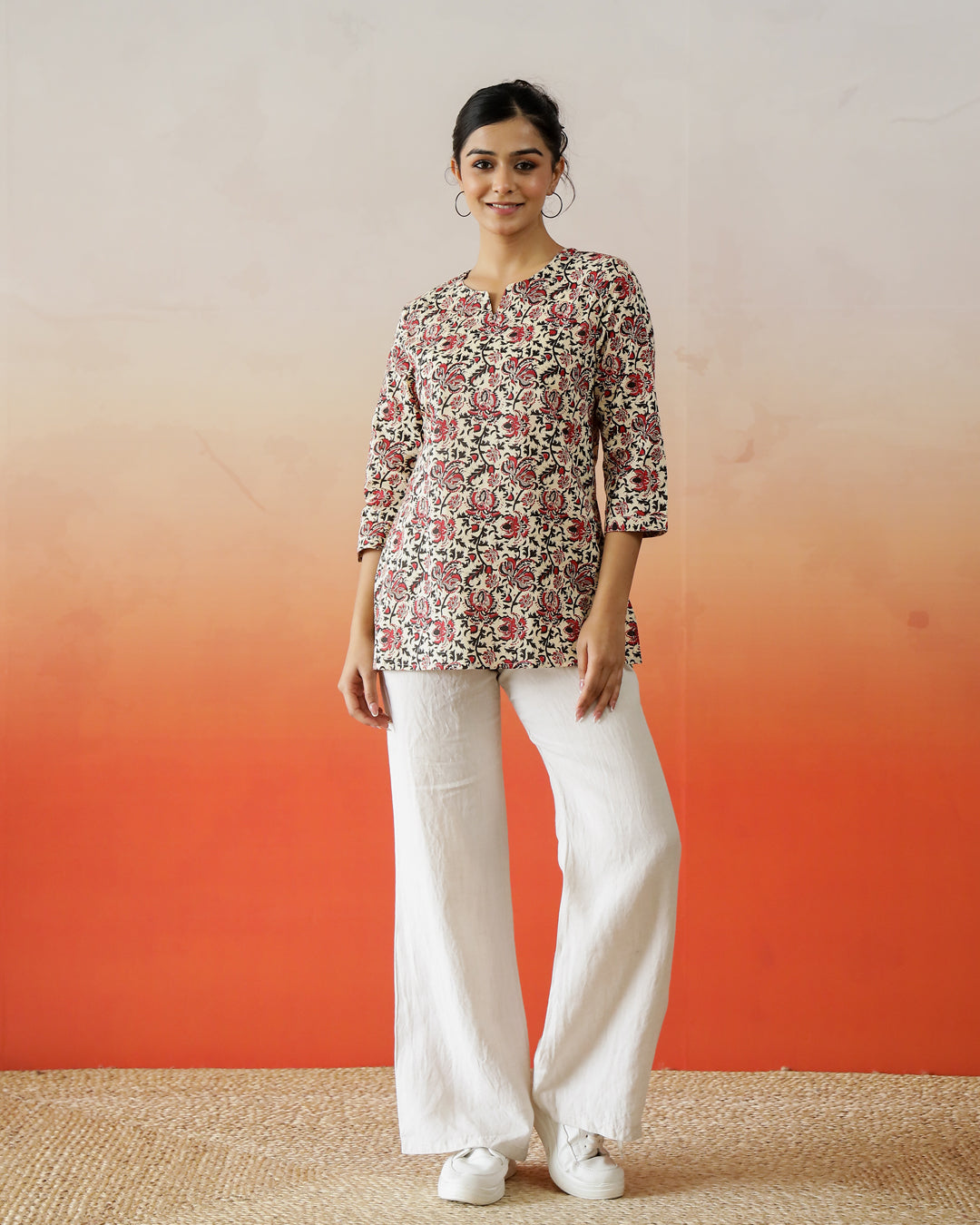 Brown Flower Printed Cotton Top - SanskrutiHomes 