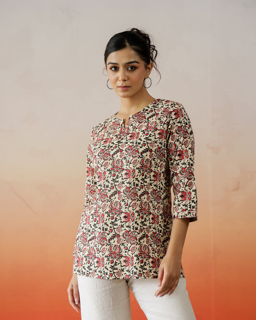 Brown Flower Printed Cotton Top - SanskrutiHomes 