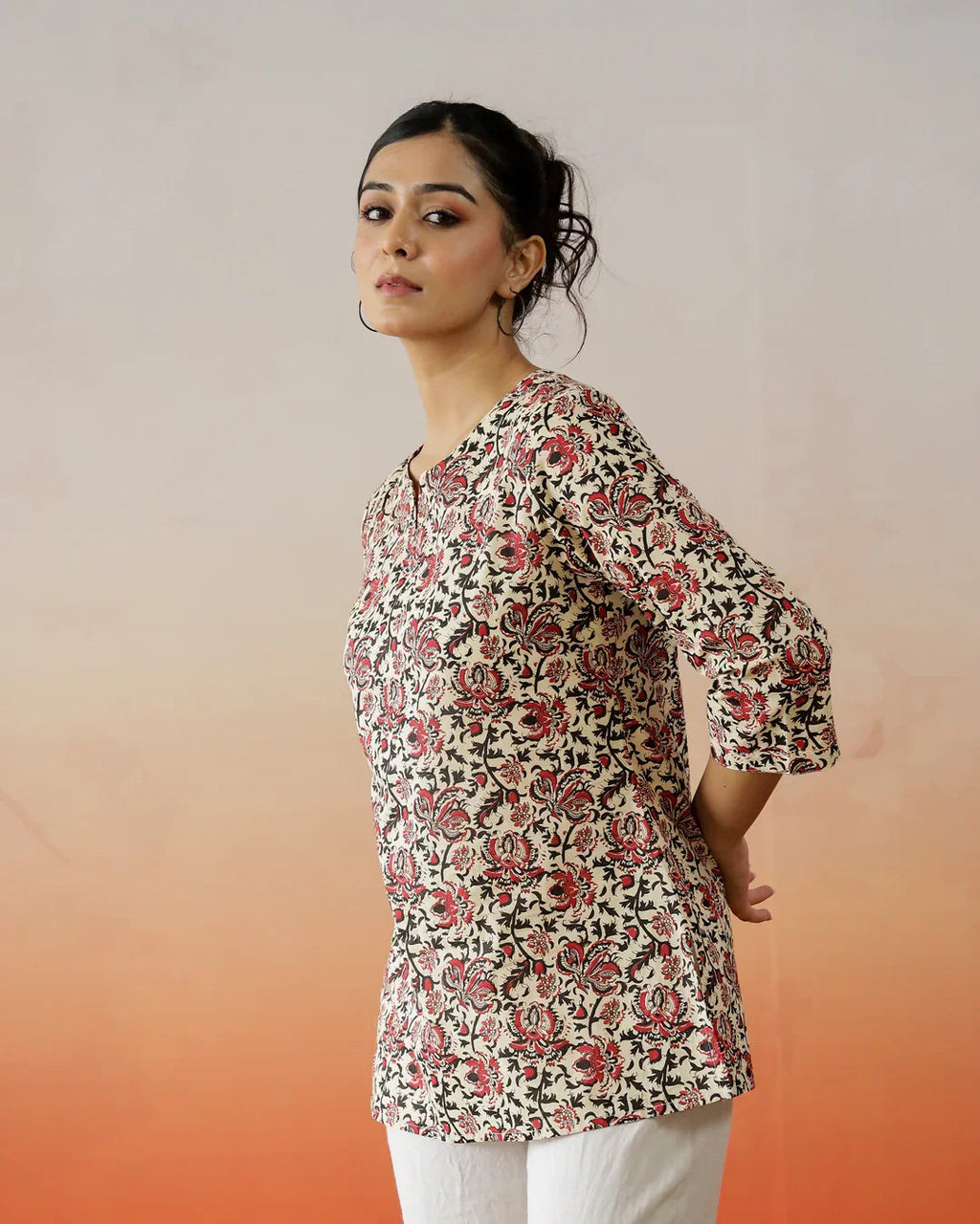 Brown Flower Printed Cotton Top - SanskrutiHomes 