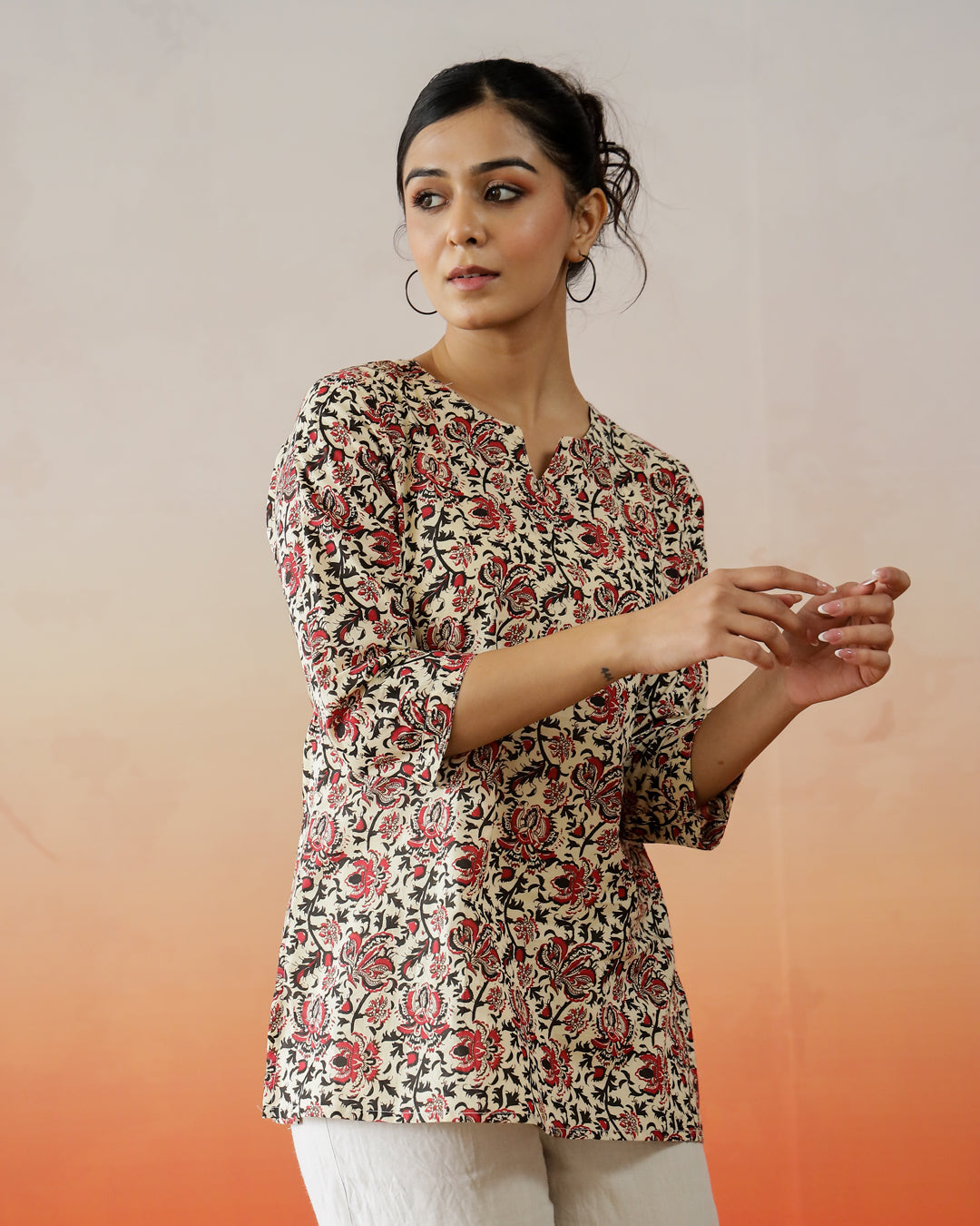 Brown Flower Printed Cotton Top - SanskrutiHomes 