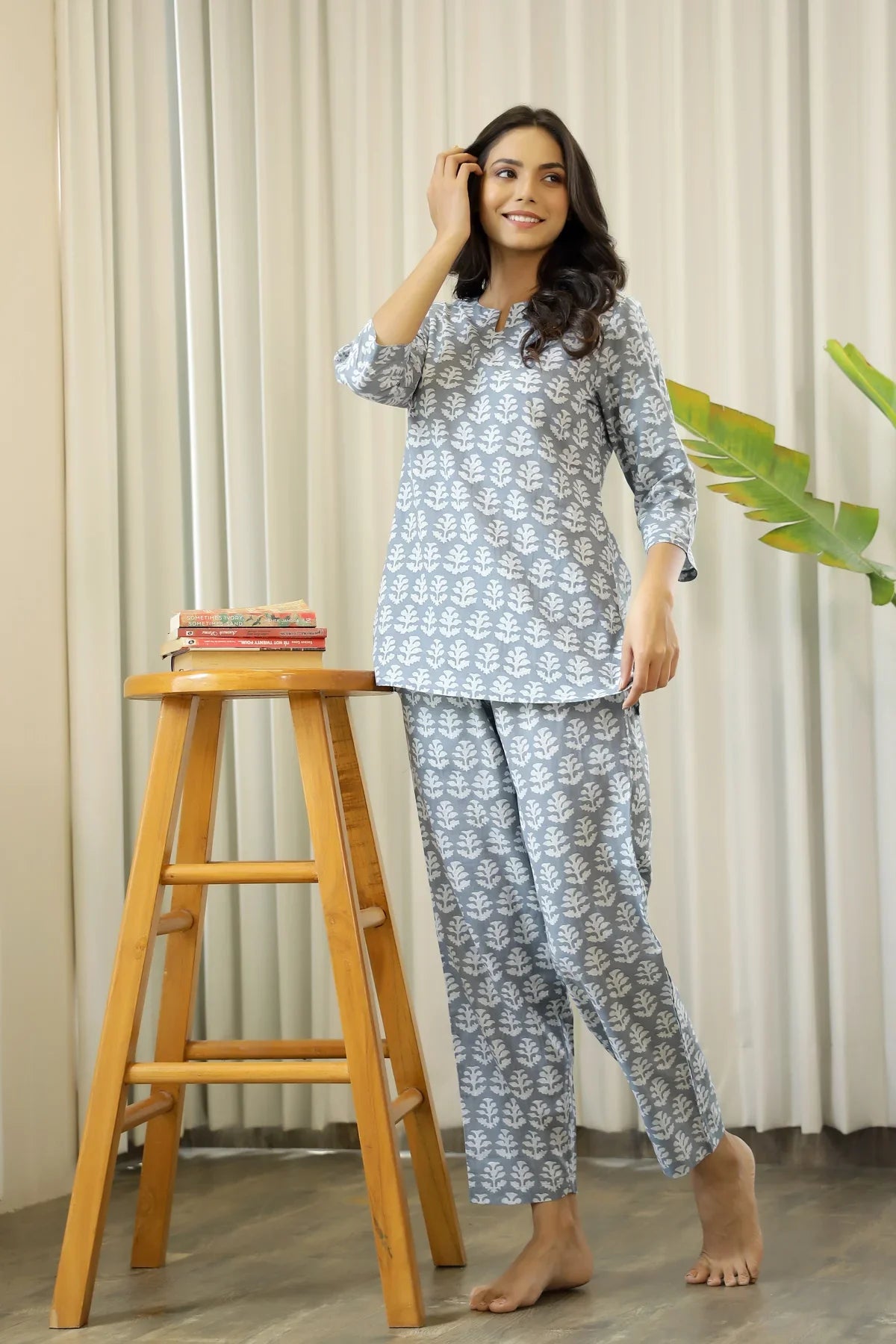 GRey Cotton Printed Night Suit Set with Pajama - SanskrutiHomes 