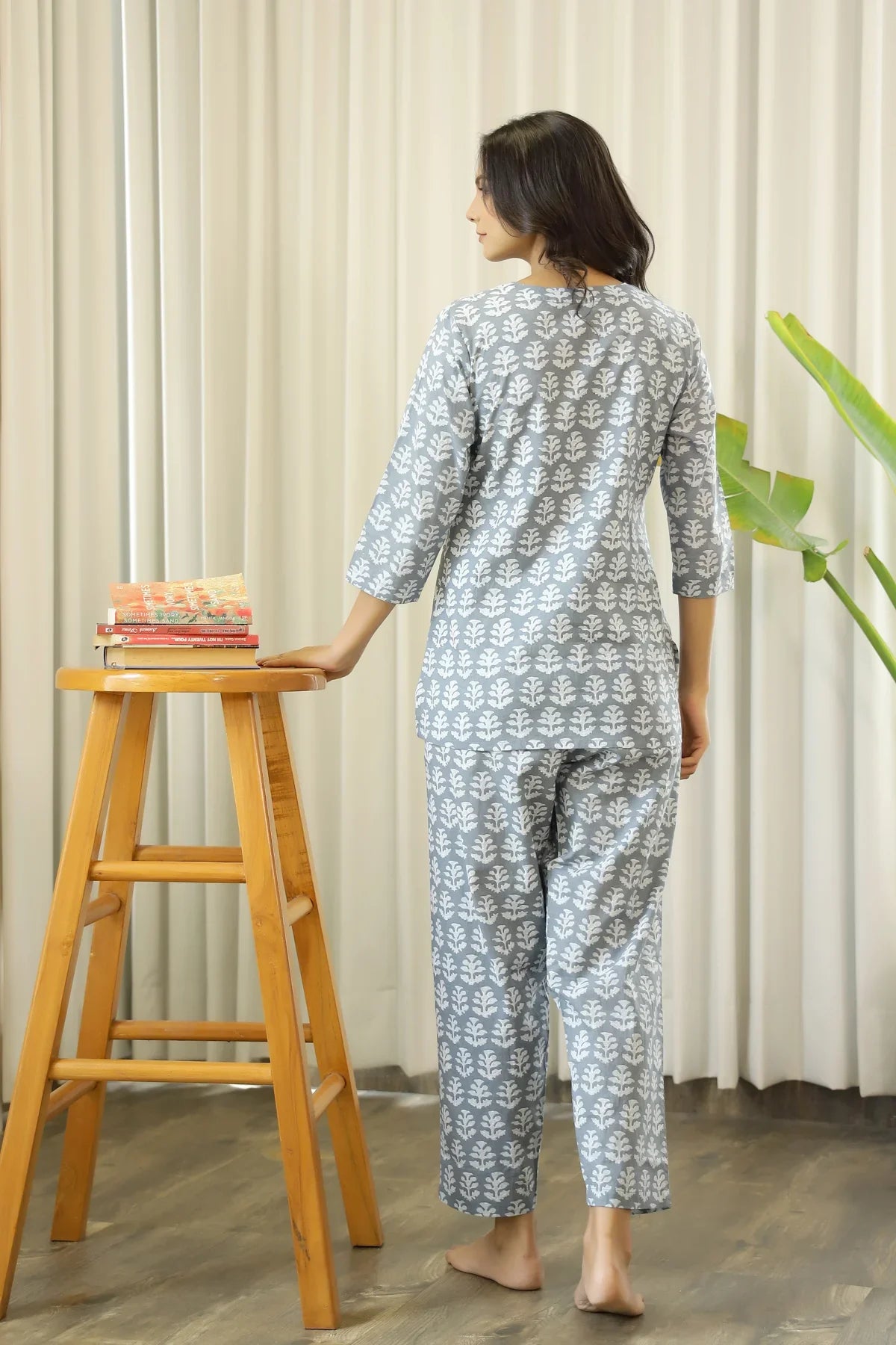GRey Cotton Printed Night Suit Set with Pajama - SanskrutiHomes 
