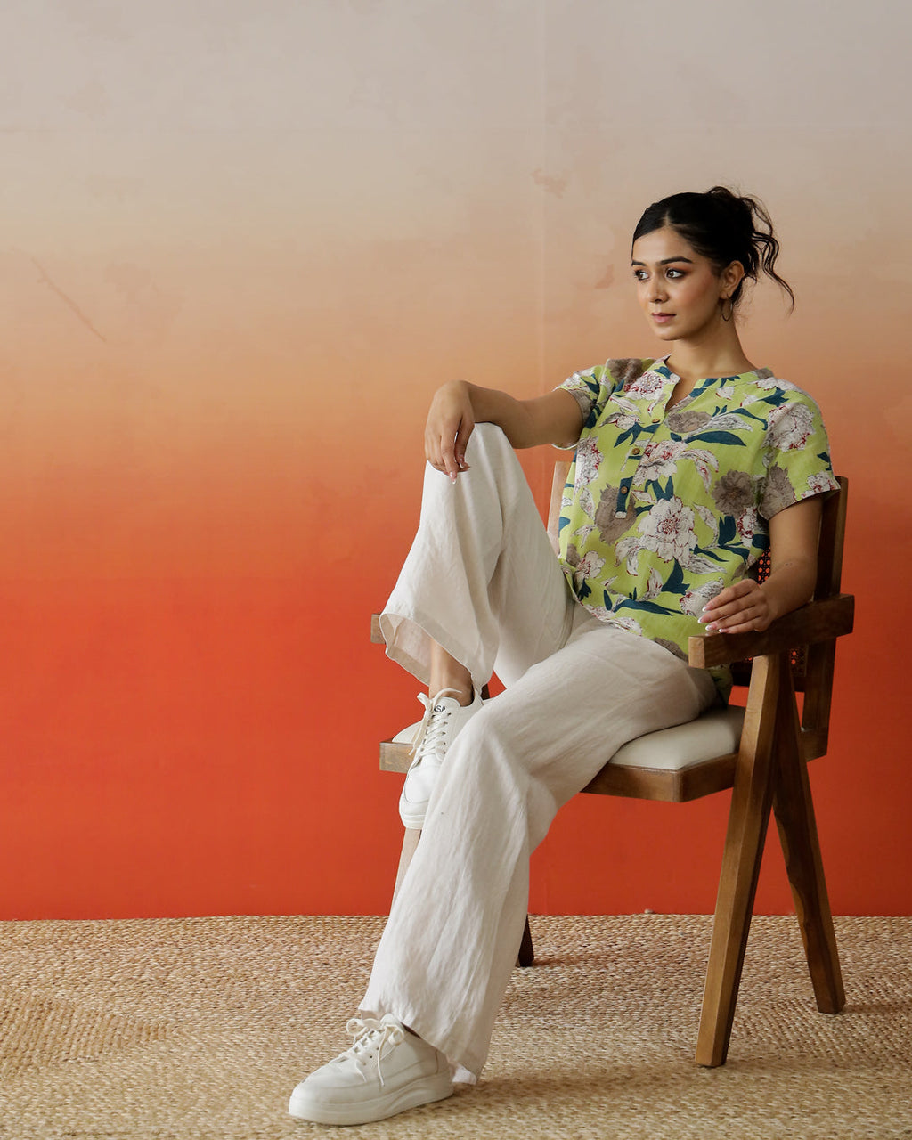 Green Flower Printed V-Neck Top - SanskrutiHomes 