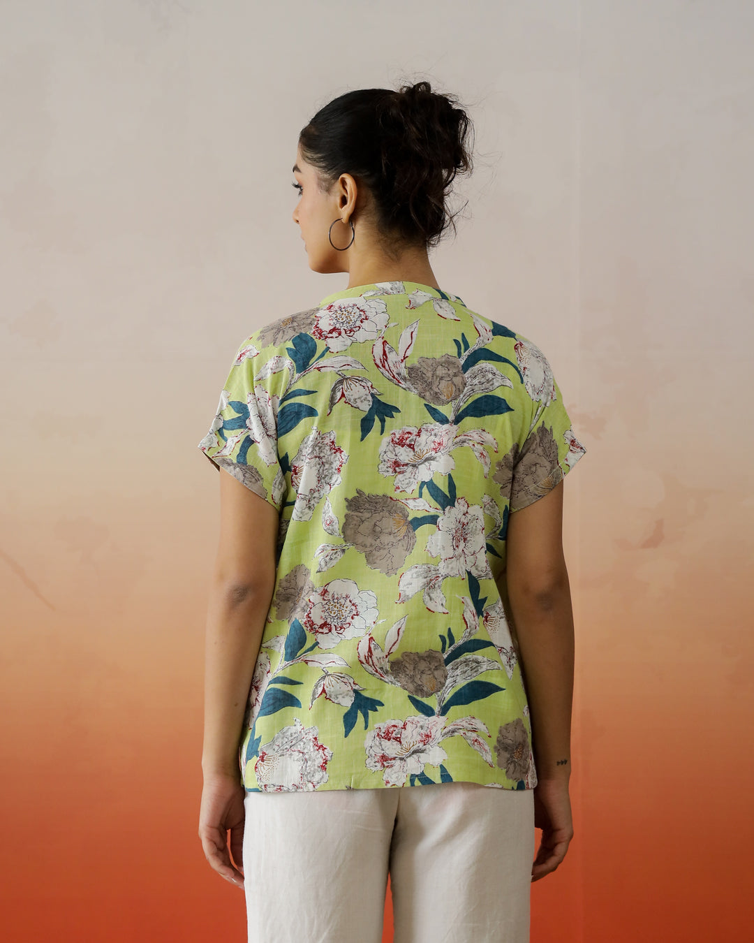 Green Flower Printed V-Neck Top - SanskrutiHomes 
