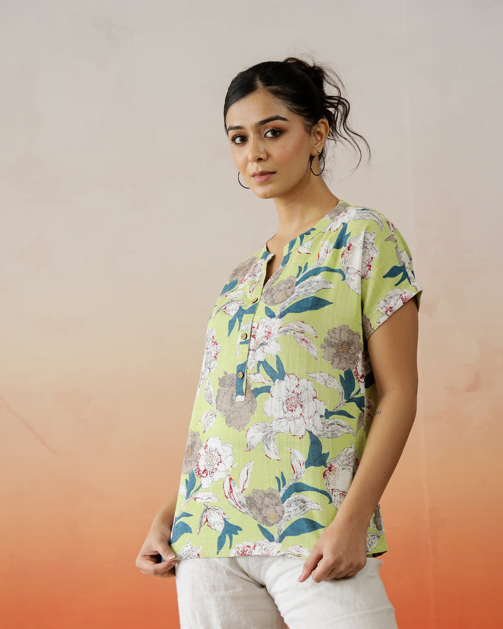 Green Flower Printed V-Neck Top - SanskrutiHomes 