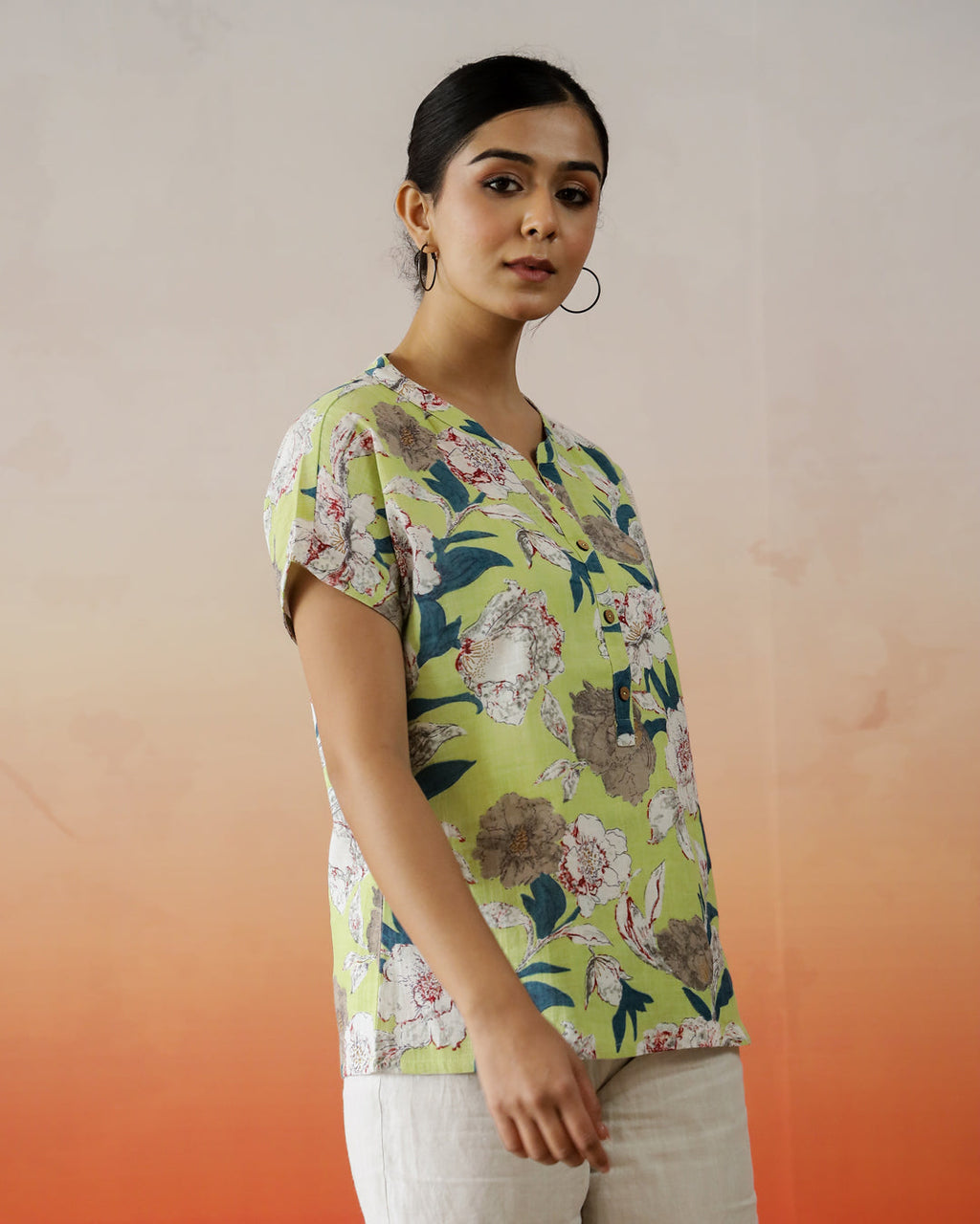 Green Flower Printed V-Neck Top - SanskrutiHomes 