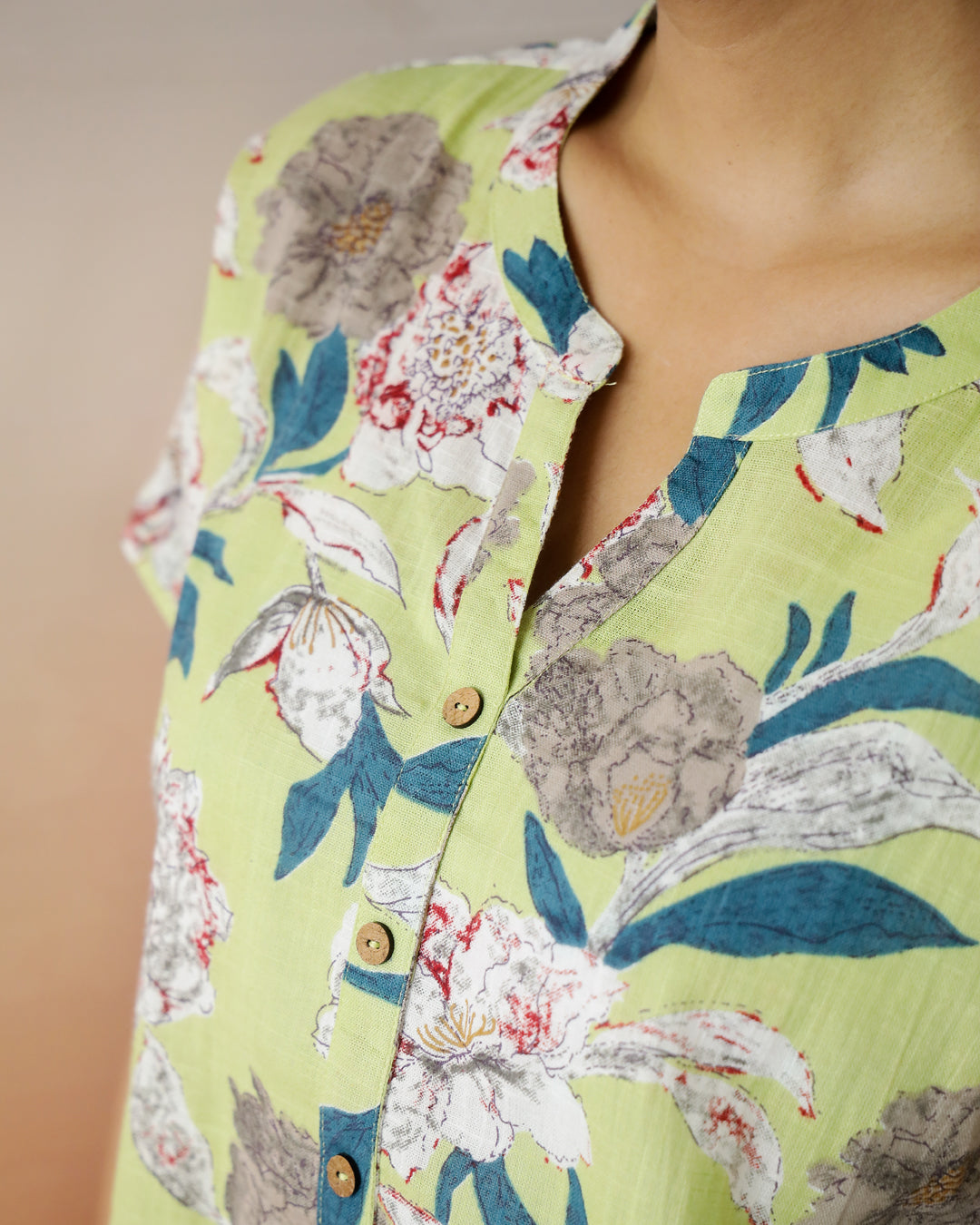Green Flower Printed V-Neck Top - SanskrutiHomes 