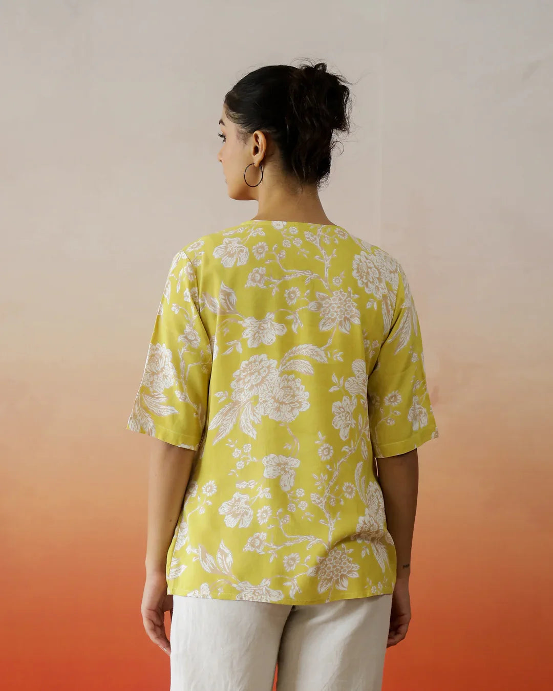 Yellow Flower Printed V-Neck Top - SanskrutiHomes 