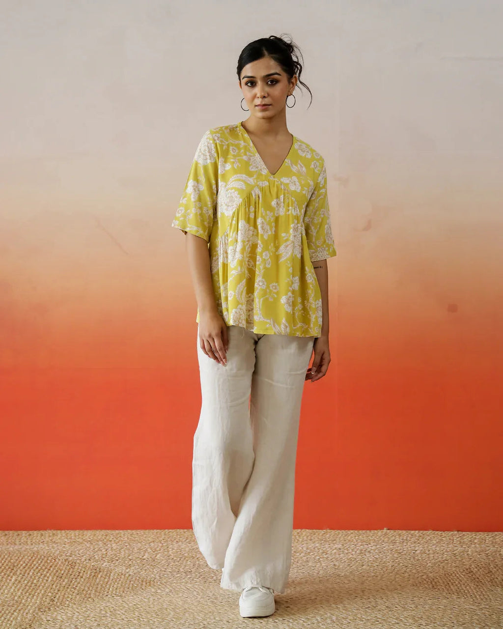 Yellow Flower Printed V-Neck Top - SanskrutiHomes 