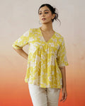 Yellow Flower Printed V-Neck Top - SanskrutiHomes 