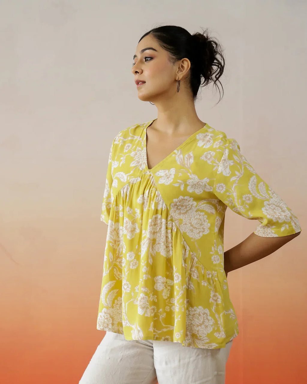 Yellow Flower Printed V-Neck Top - SanskrutiHomes 