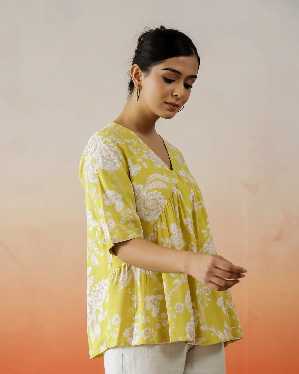 Yellow Flower Printed V-Neck Top - SanskrutiHomes 