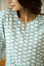 Green Cotton Elephant Print Night Suit Set with Payjama - SanskrutiHomes 
