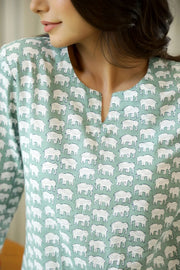 Green Cotton Elephant Print Night Suit Set with Payjama - SanskrutiHomes 
