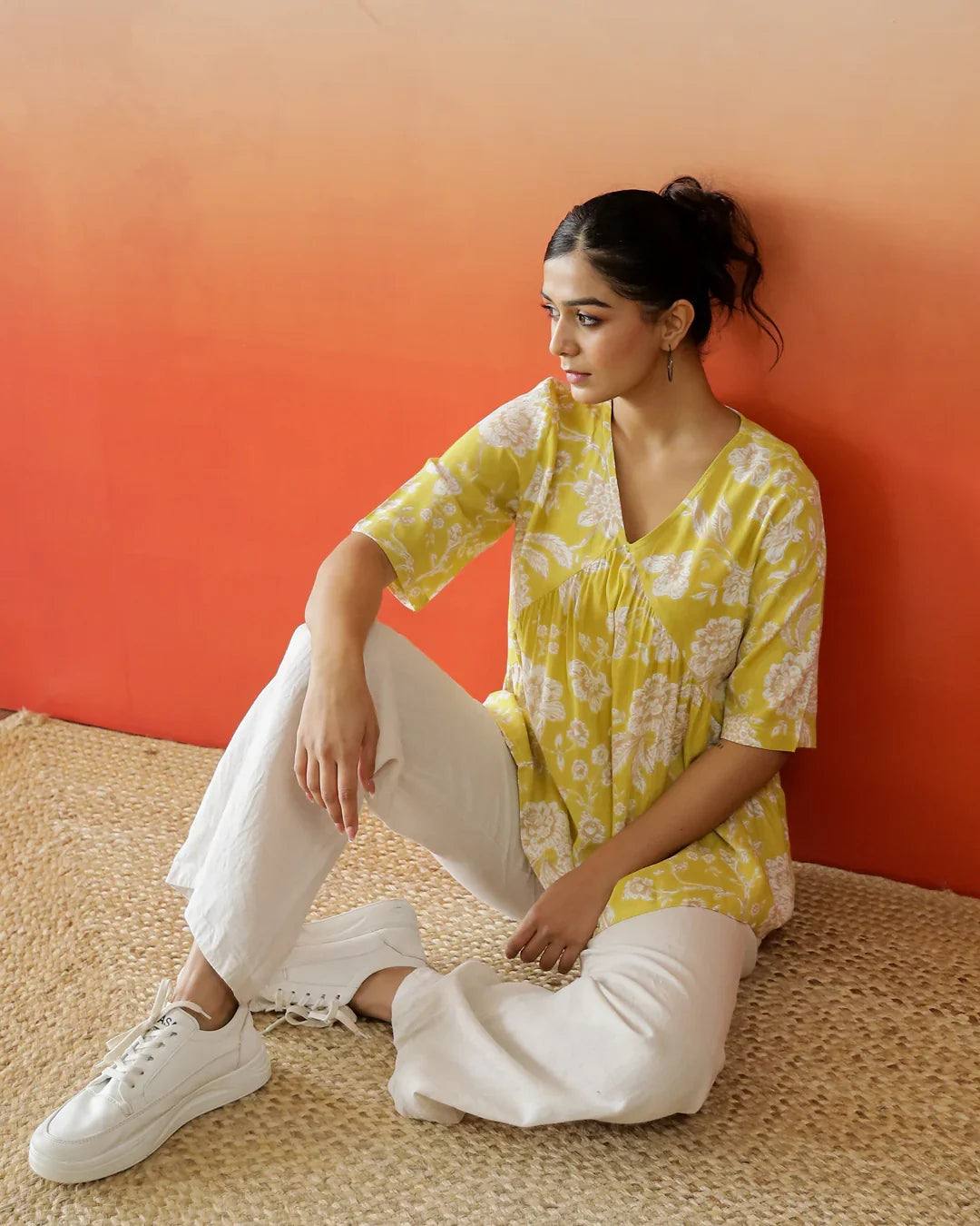 Yellow Flower Printed V-Neck Top - SanskrutiHomes 