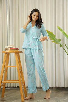 Women Sky Blue and Black Pure Cotton Striped Night Suit Pyjama Set - SanskrutiHomes 