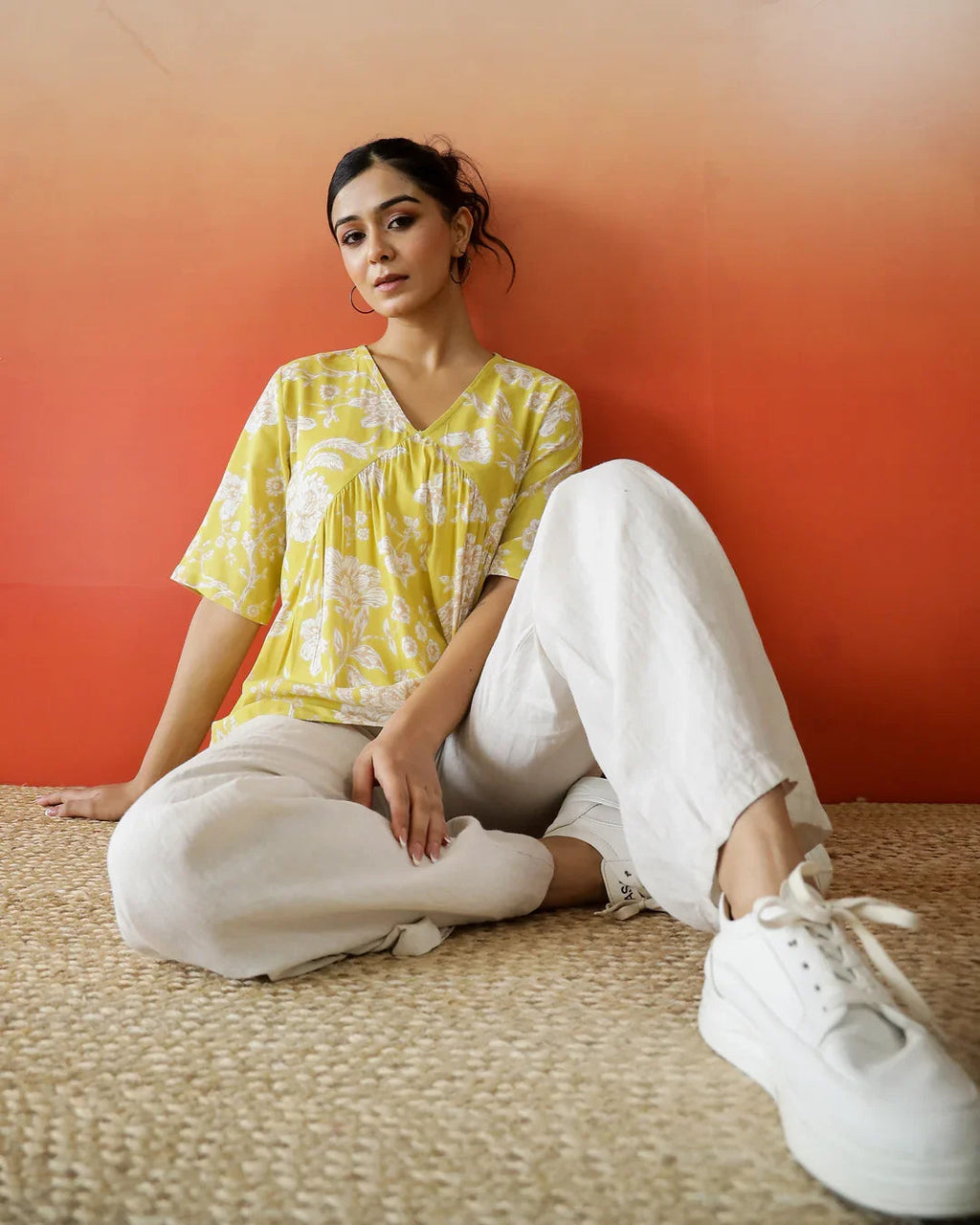 Yellow Flower Printed V-Neck Top - SanskrutiHomes 