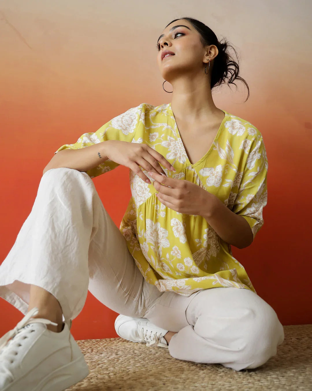 Yellow Flower Printed V-Neck Top - SanskrutiHomes 