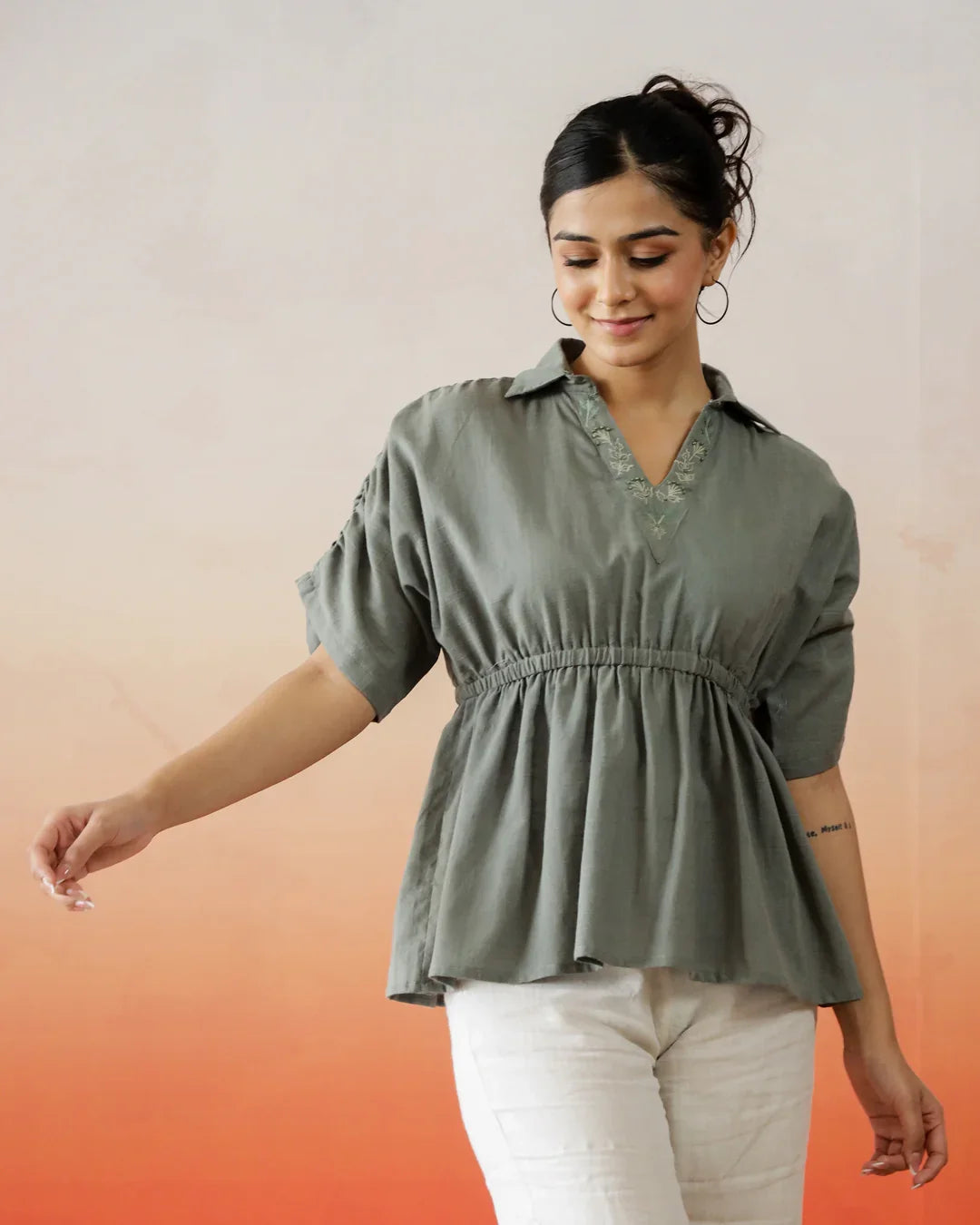 Solid Print Cotton Embroidered Top - SanskrutiHomes 