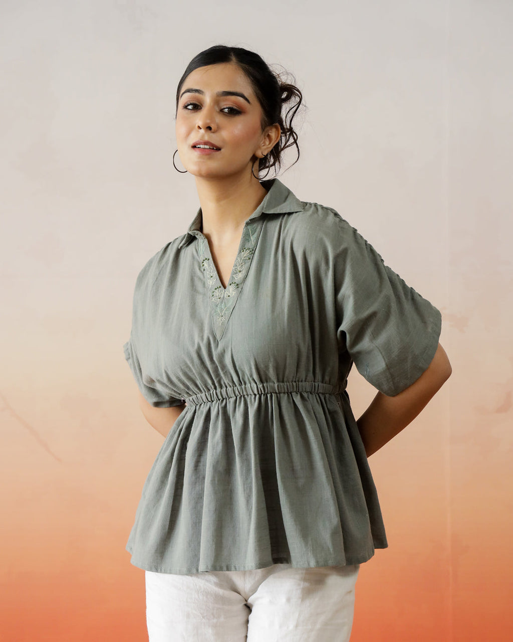 Solid Print Cotton Embroidered Top - SanskrutiHomes 