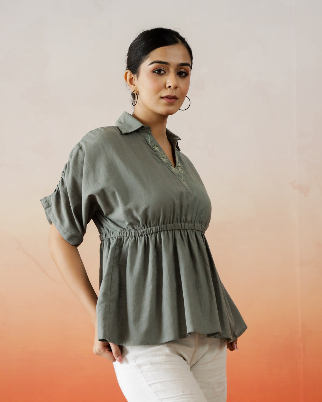 Solid Print Cotton Embroidered Top - SanskrutiHomes 