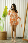 Orange Tropical Print Round Neck Cotton Night Suit Shorts Set For Women