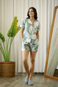 Women Green & White Pure Cotton Leaf Printed Night Suit Shorts Set - SanskrutiHomes 