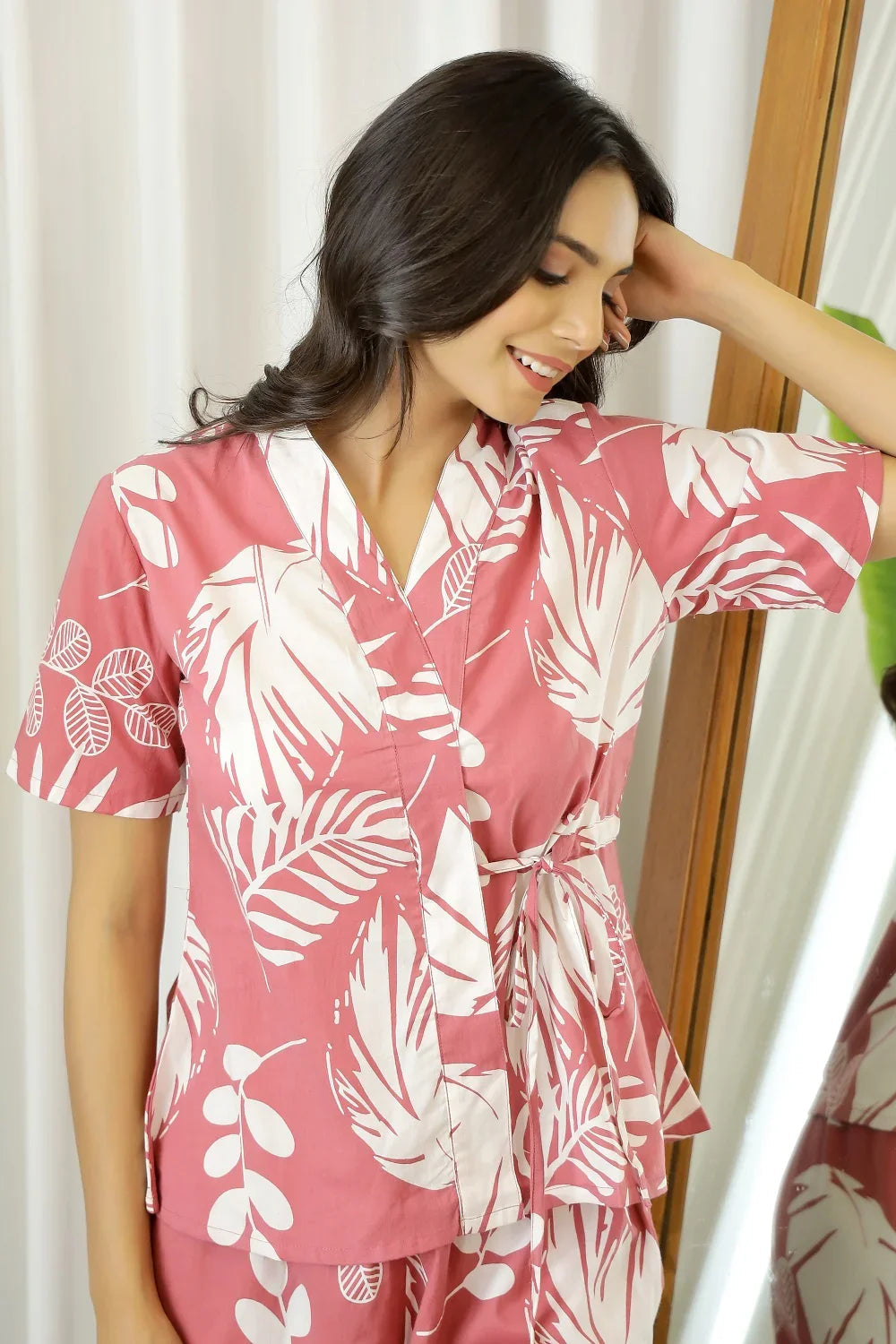 Women Pink & White Pure Cotton Printed Night Suit Set With Tie-Up Closure - SanskrutiHomes 