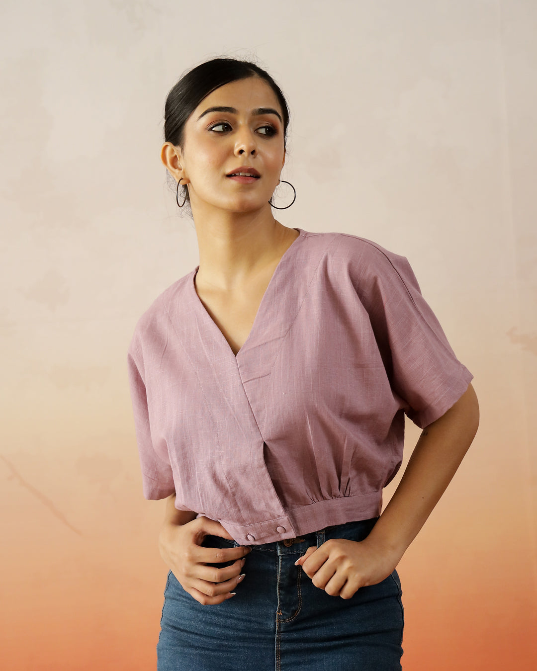 Lavender Color V-Neck Crop Top - SanskrutiHomes 
