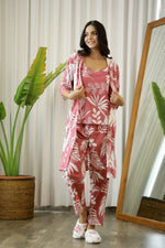 Wine Cotton Printed 3 PEICE Night Suit Set with Pyjama - SanskrutiHomes 