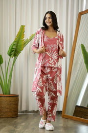 Wine Cotton Printed 3 PEICE Night Suit Set with Pyjama - SanskrutiHomes 