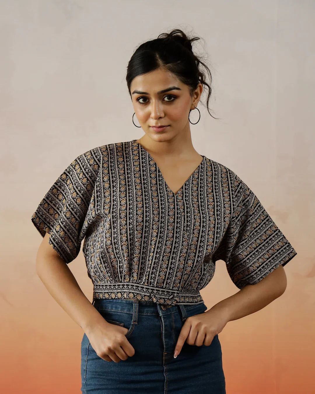 Black Cotton Printed Crop Top - SanskrutiHomes 