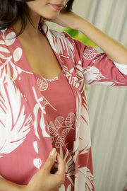 Wine Cotton Printed 3 PEICE Night Suit Set with Pyjama - SanskrutiHomes 