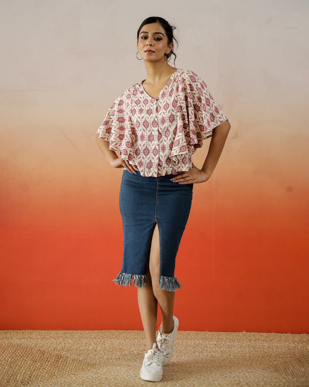 Cream Printed V-Neck Top for Women - SanskrutiHomes 