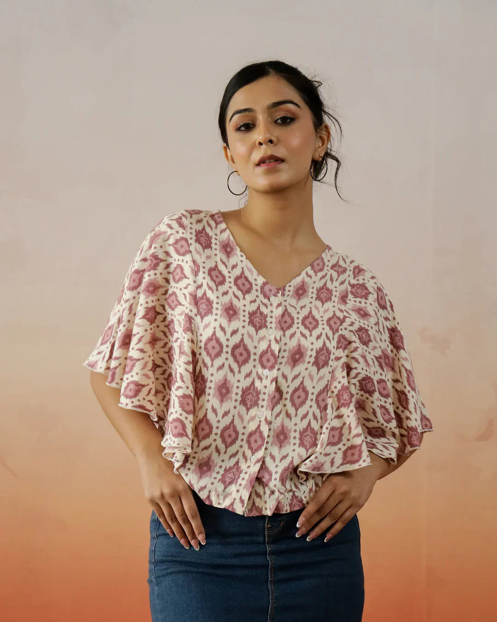 Cream Printed V-Neck Top for Women - SanskrutiHomes 