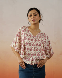 Cream Printed V-Neck Top For Women