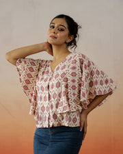 Cream Printed V-Neck Top For Women