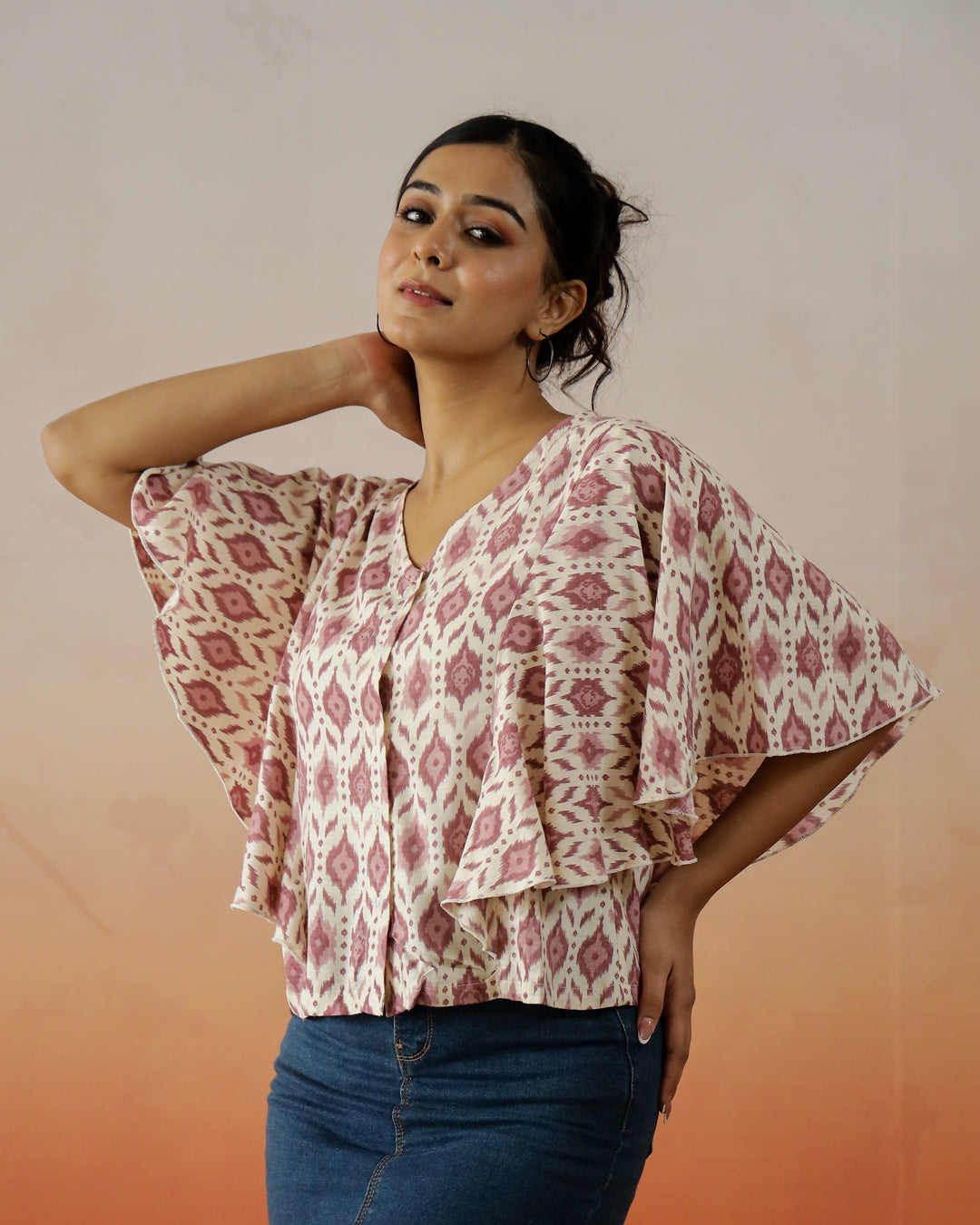 Cream Printed V-Neck Top for Women - SanskrutiHomes 