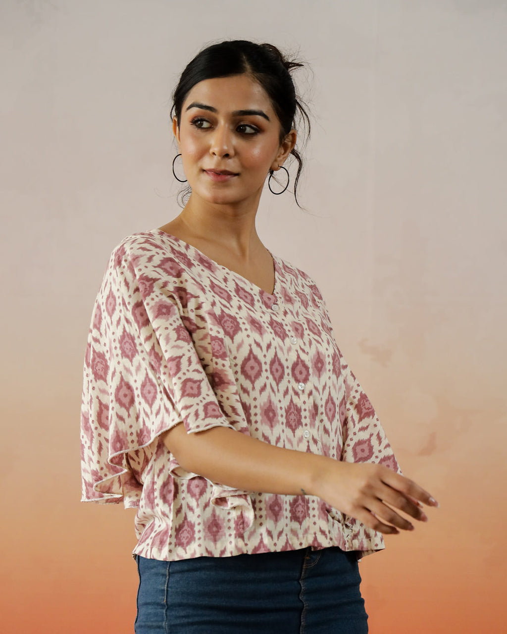 Cream Printed V-Neck Top for Women - SanskrutiHomes 
